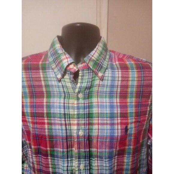 Ralph Lauren Shirt Mens Medium M Madras Plaid Multicolor Button Down 100% Linen - Picture 5 of 14